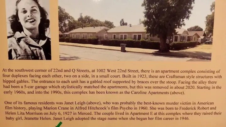 This display board from a Merced Courthouse Museum exhibit explains when and where actress Janet Leigh lived in the city. Photo: Merced Courthouse Museum