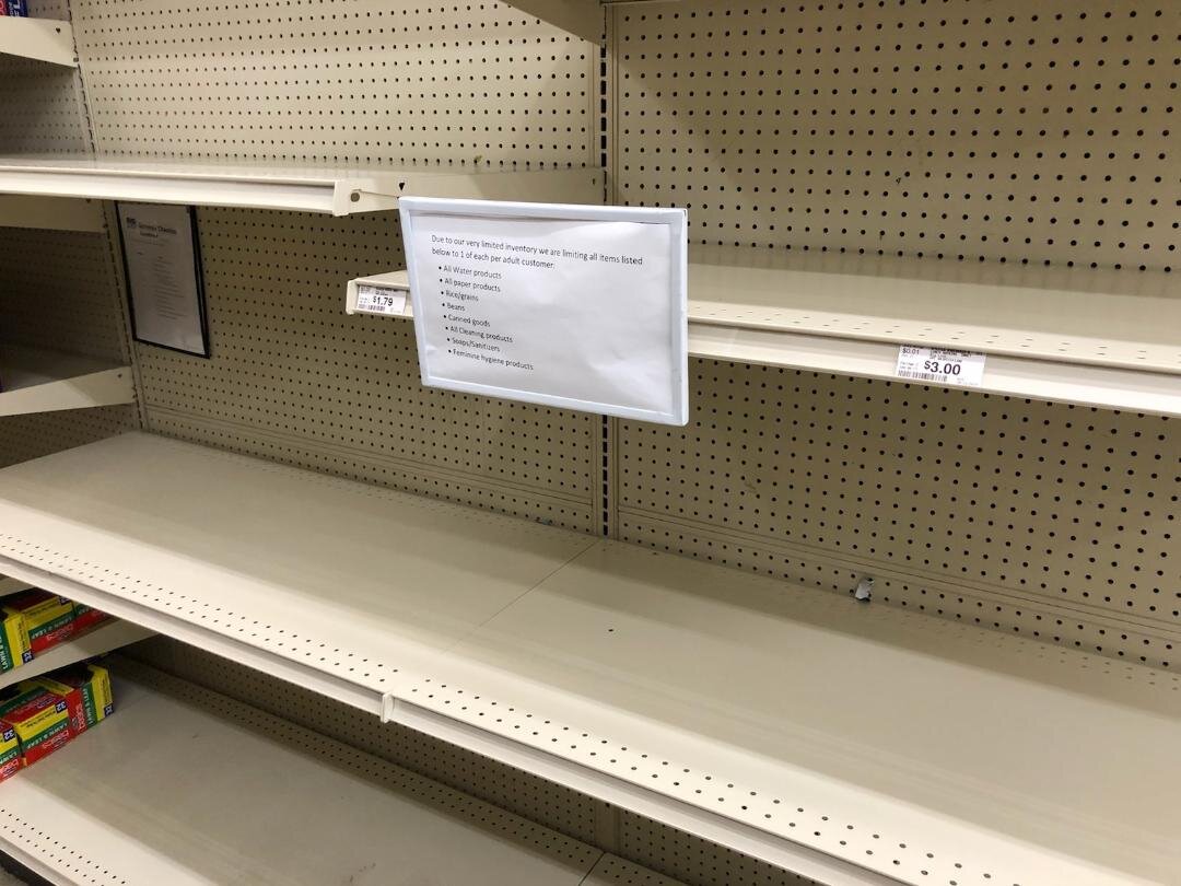 Empty paper product shelves symbolize the state of flux in area retailing. Photo: Steve Newvine