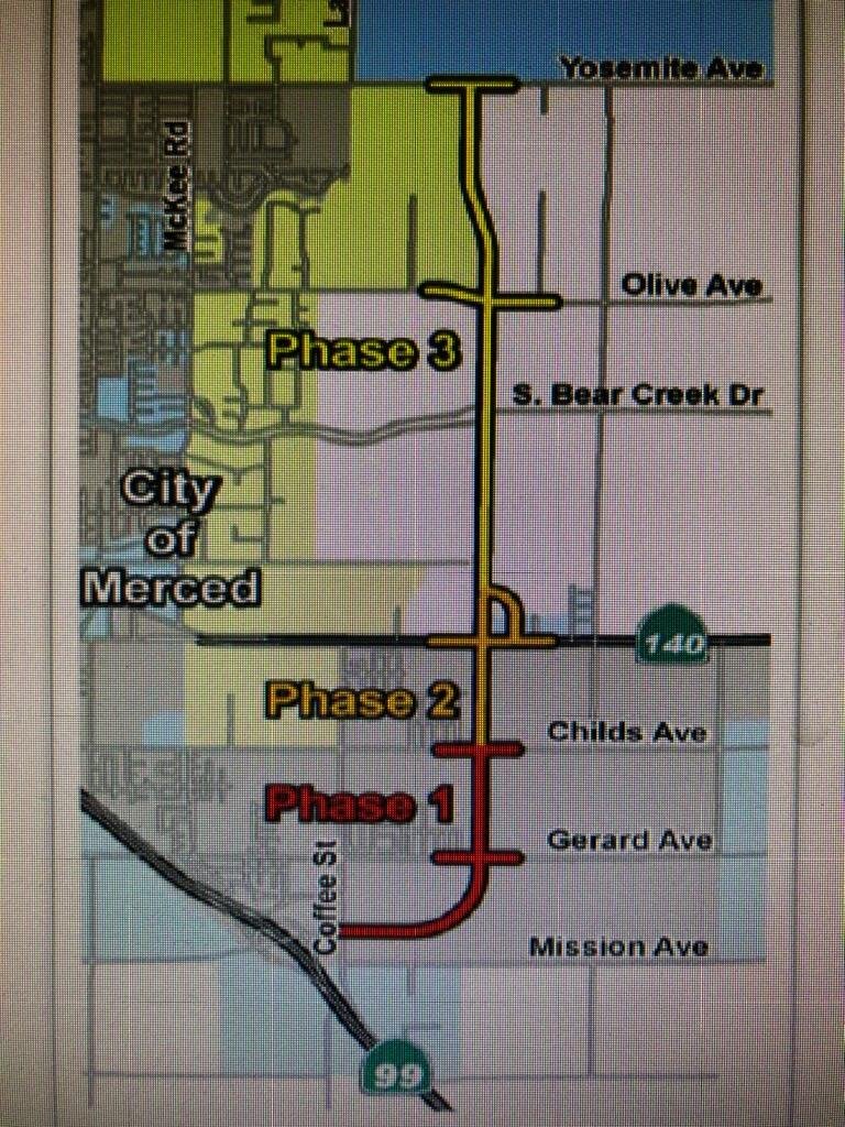  This map from the Merced County Association of Governments website shows the three Segments of the Campus Parkway project. Photo: MCAG 