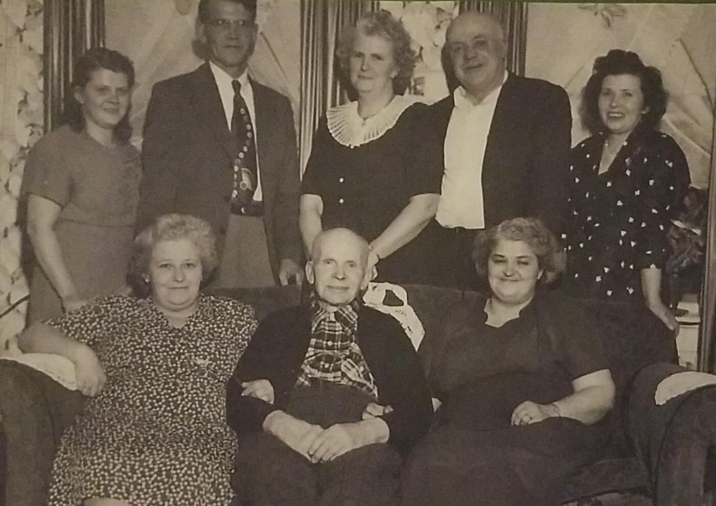 A family photo of my great aunts and uncles, along with my great grandfather. Chet Dean is not in the photo, and as Charlie who also served in World War II is in the photo, we presume it was taken after the war. Photo: Deb Covey Morley