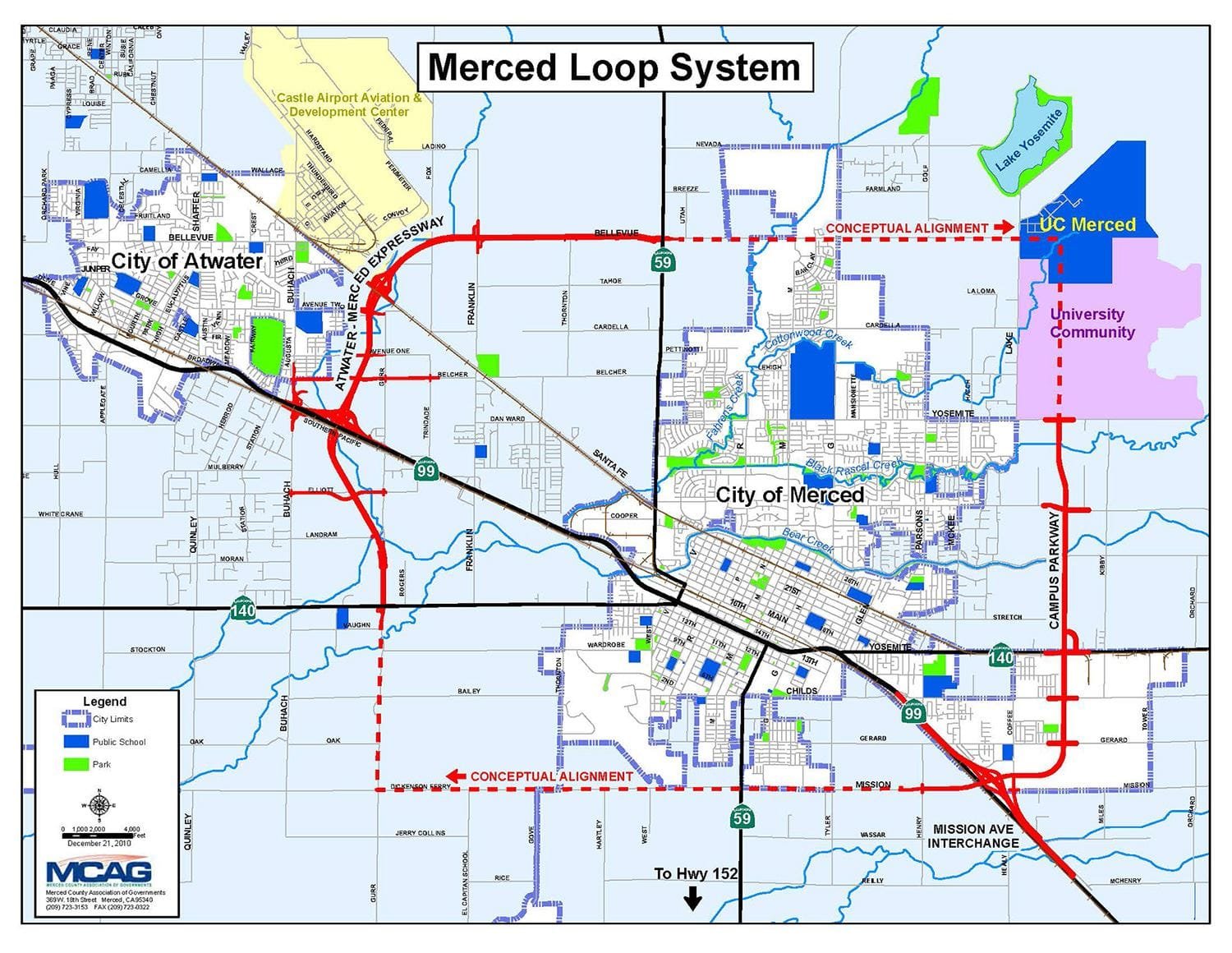 This graphic from the Merced County Association of Governments shows the completed parts of the Merced Loop project. The Campus Parkway section is in the upper right.