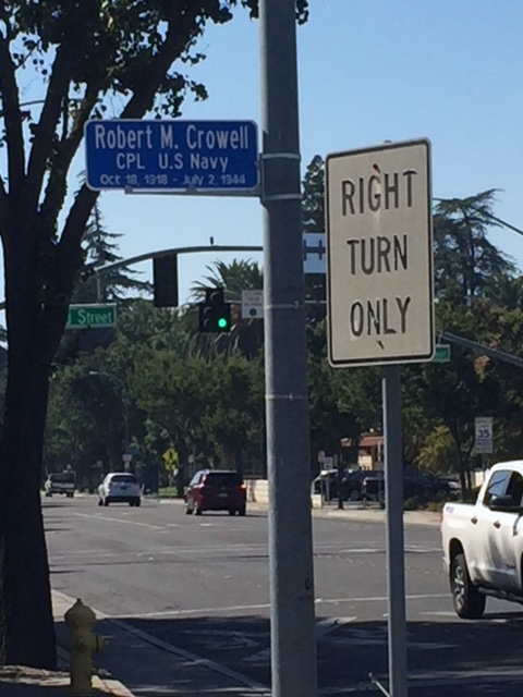 One of eighty memorial signs honoring veterans who lost their lives in US military service. Each sign names a service member from the City of Merced who was killed in action. Photo- Steve Newvine.
