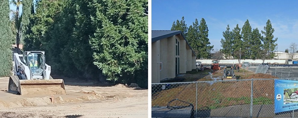 The ground where the foundation for the St. Patrick’s Rectory building will be built. (Right) The front of the soon-to-be completed education building for Gateway Community Church. Photos: Steve Newvine