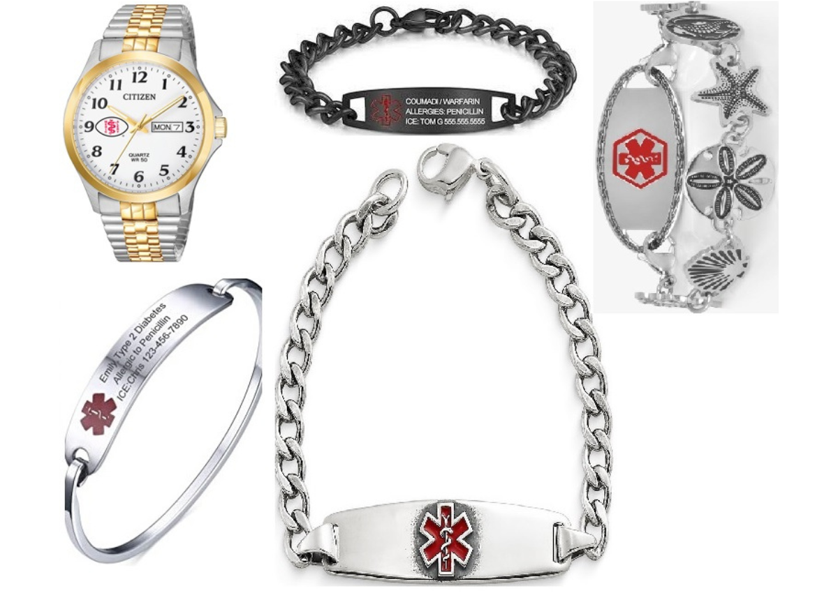 Medic Alert bracelets come in many styles, including a Citizens Watch version. Photo montage from various internet retail sites.