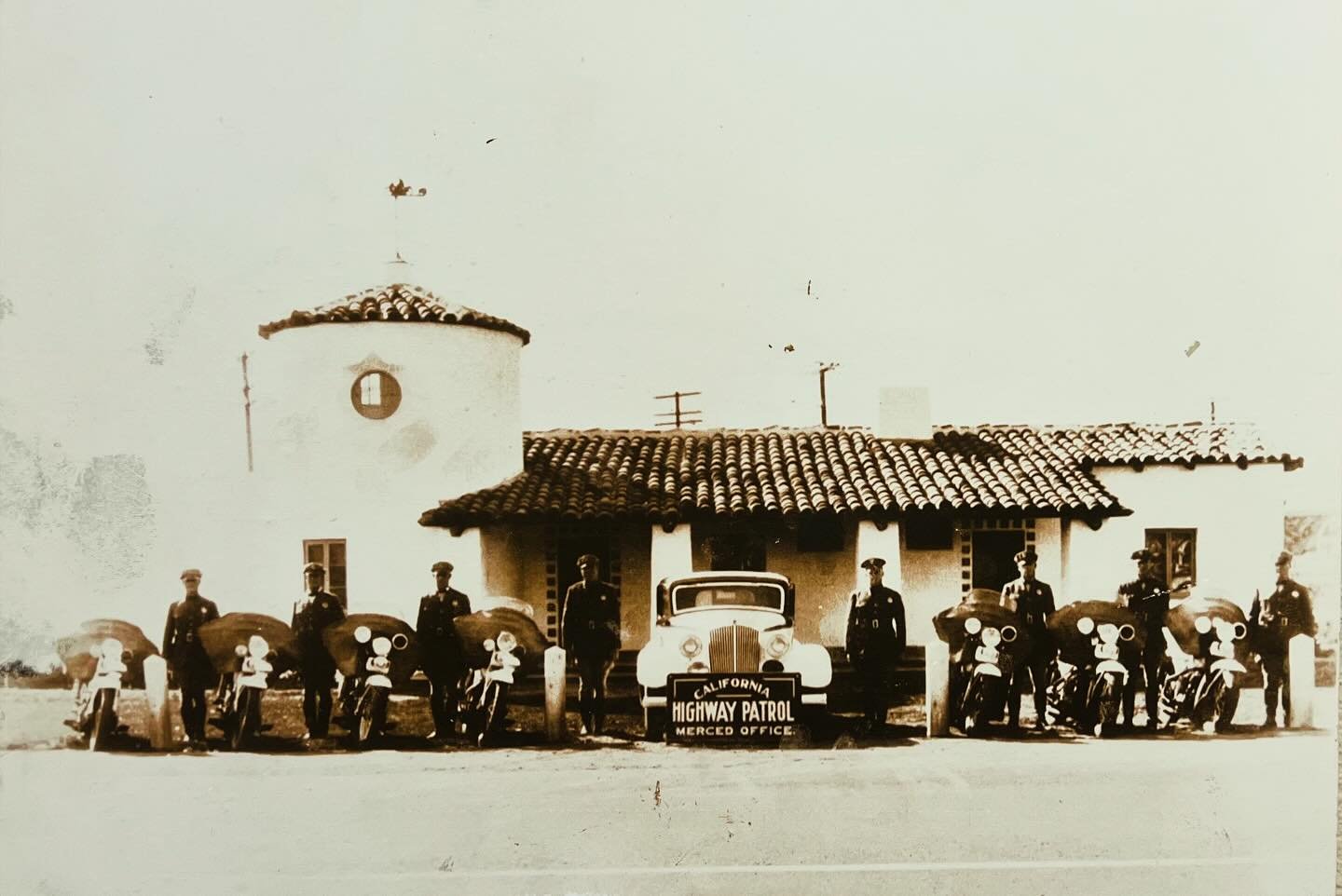The former CHP district headquarters was housed in the Spanish Mission style building on 16th Street in Merced where KAMB radio’s studio in located now. Photo: CHP Archive