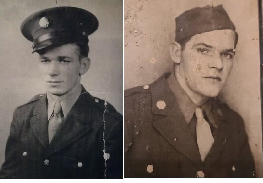 Army photographs of my great uncles Chester Dean (left) and Charles Dean. Both served in World War II. Chet was killed in a training accident in Wales one day before D-Day.