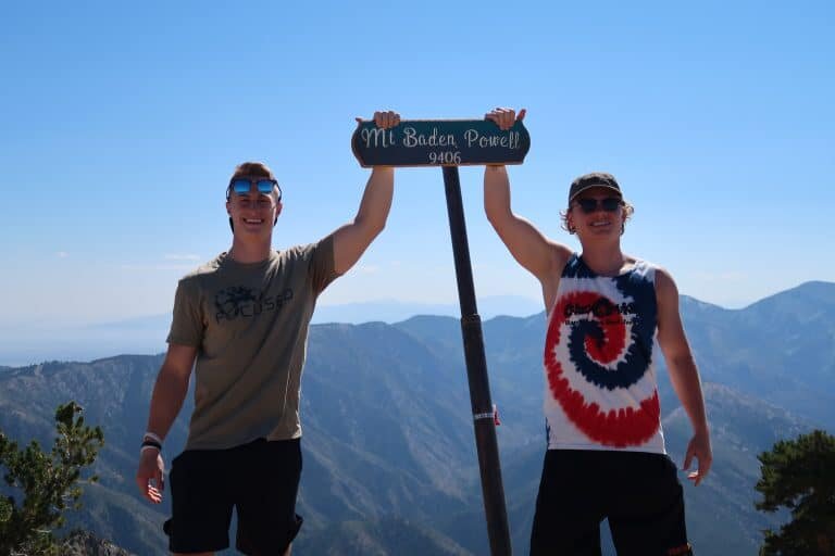 Brennen and his climbing partner at the top of Mount Baden Powell in the San Gabriel Mountains. Photo: ValleyTough.com