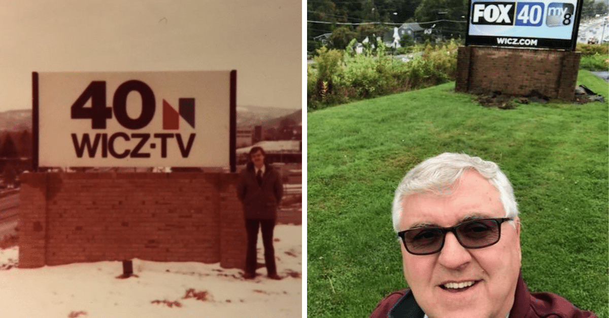 Standing in front of station WICZ, from 1980 and in 2019. Photos: Newvine Personal Collection