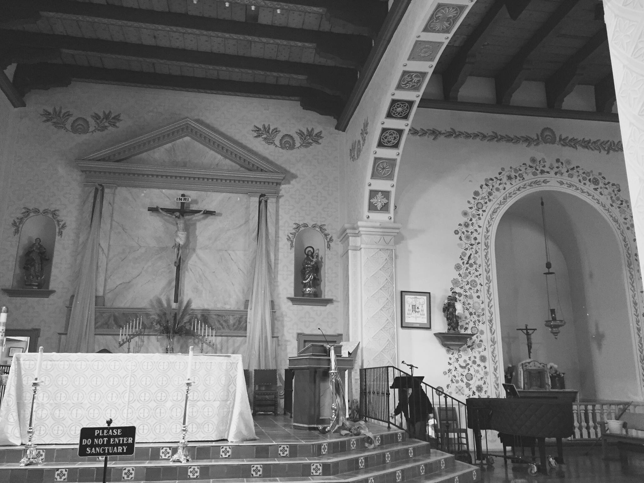 Inside the chapel at the San Luis Obispo Mission. Black and white photo by Steve Newvine