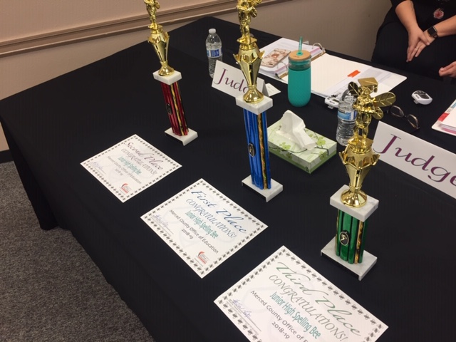 Trophies and certificates were awarded to the top finishers at the Merced County Junior High Spelling Bee. Photo: Steve Newvine