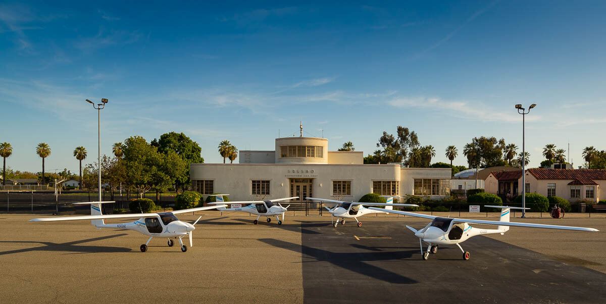 The four Pipistrel Alpha Trainers on display at Fresno Chandler Executive Airport. Photo: New Vision Aviation