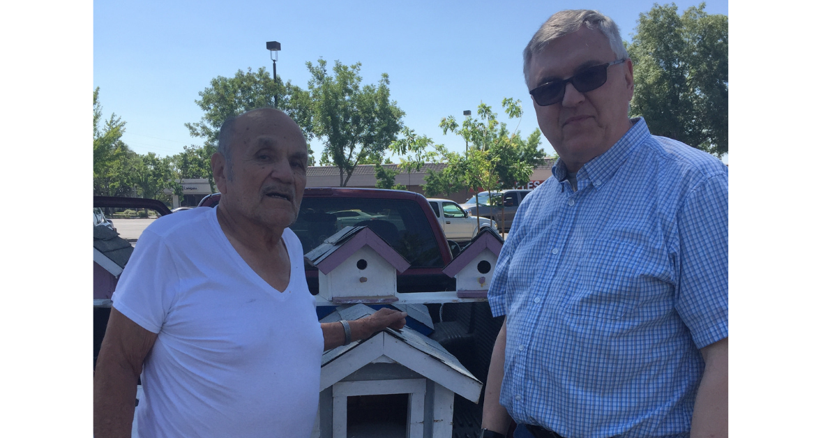 Ben Franco shows his handmade birdhouses to me. Photo: Vaune Newvine