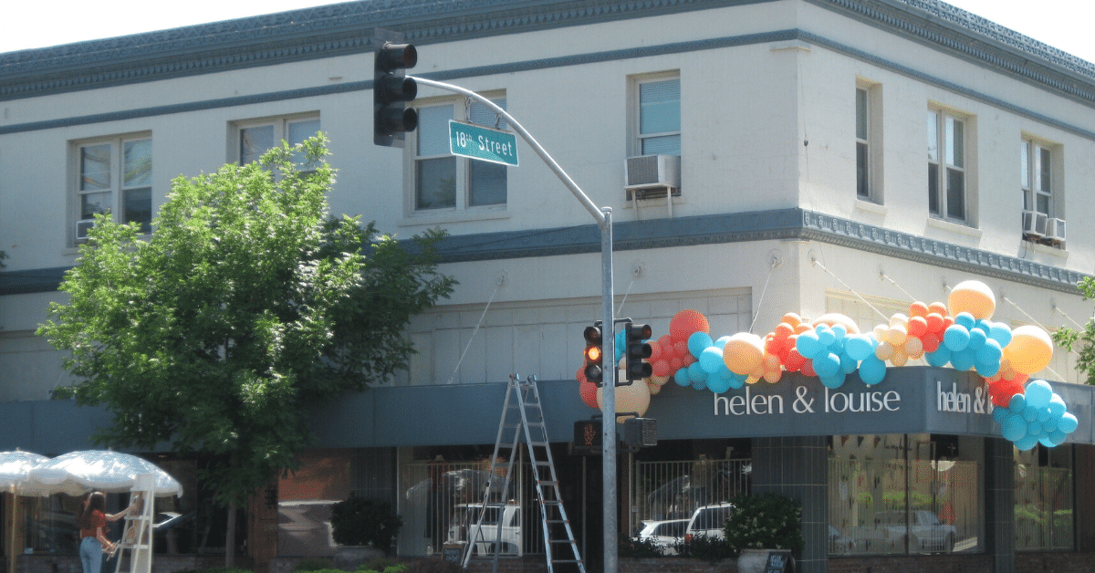 The entryway to the Helen & Louise clothing store at 1804 Canal Street in Merced is decorated in a big way as the shop welcomes visitors back inside following the COVID restrictions. Photo-Steve Newvine