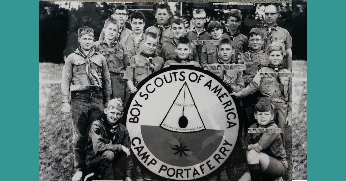 I am among the Scouts attending a week of comradery at the former Camp Portaferry in Lewis County, NY back in the early 1970s. I’m in the middle row in the center just above the scout at the top of the Boy Scouts sign. The camp property was sold in recent years and divided into building lots. Photo: Port Leyden Historical Club.