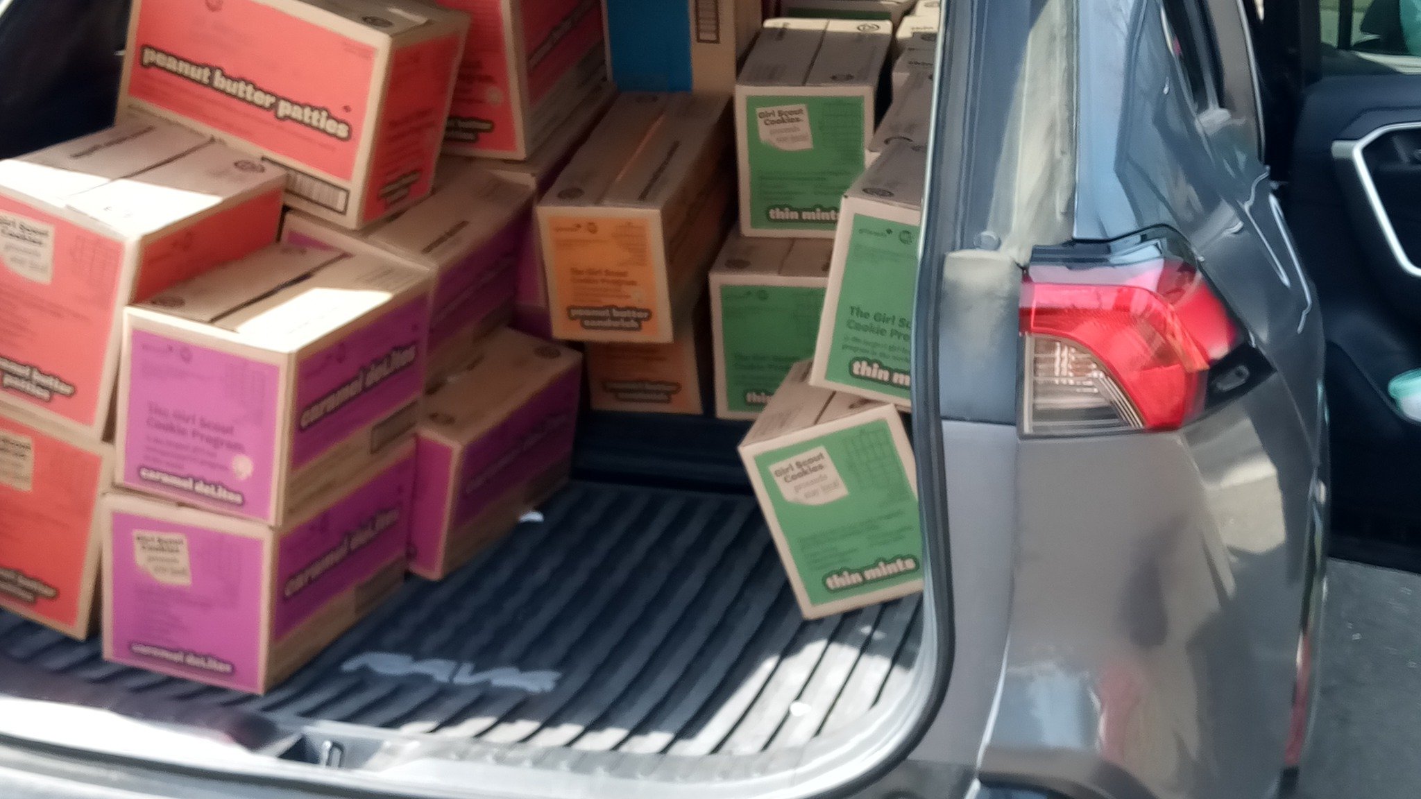 This vehicle back space is filled with all varieties of Girl Scout cookies available for sale this spring throughout Merced County. Photo: Steve Newvine