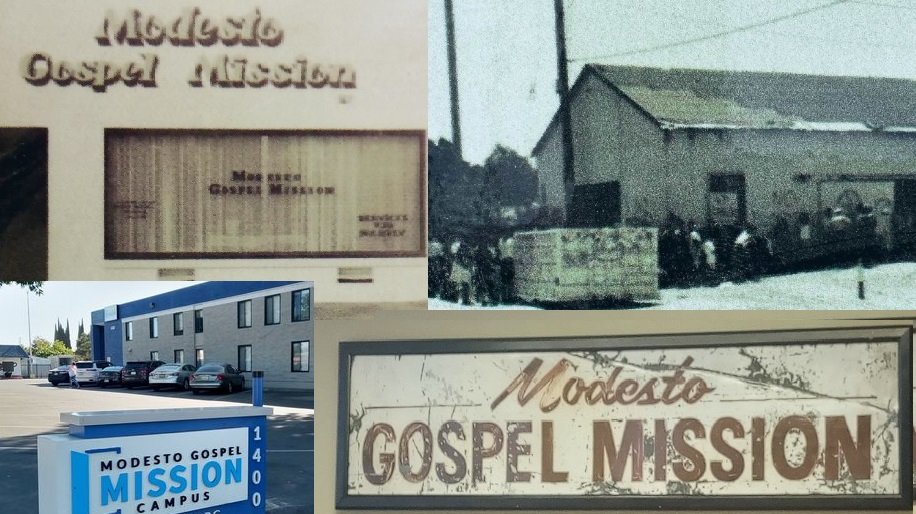 Two of the early locations of the Modesto Gospel Mission. (lower left) The organization is now on Yosemite Avenue in the City. (lower right) An early sign for the Mission. Archive photos: Modesto Gospel Mission archives.