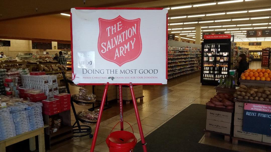 The Salvation Army has set up Red Kettles at a number of area businesses, including this one at the Raley’s store in Merced. Photo: Steve Newvine