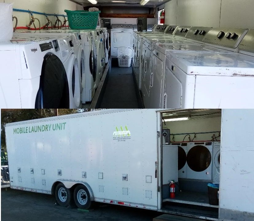 Inside a trailer with washers and dryers that allow residents to complete loads of laundry in the City of Planada. Photo: Steve Newvine