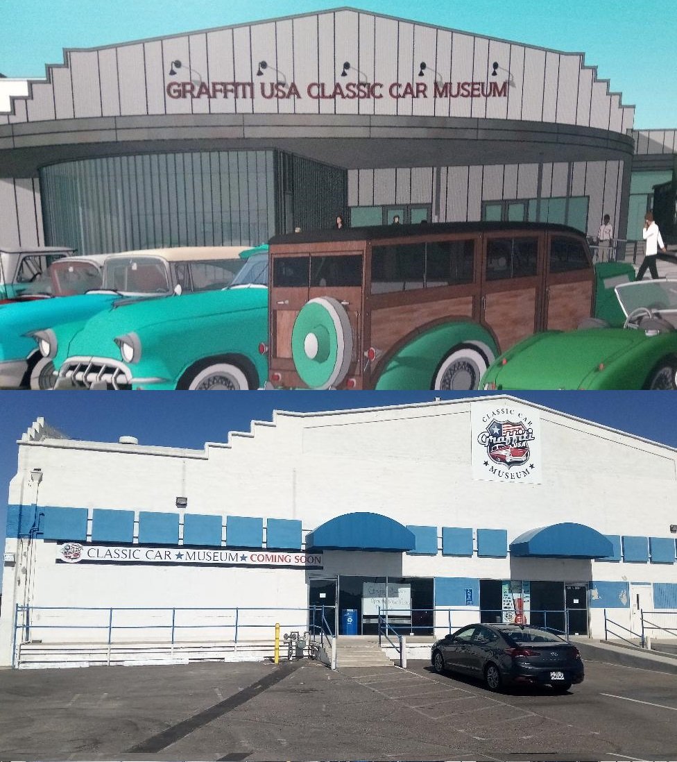 An artist rendering of the proposed front of the Graffiti USA Classic Car Museum along with a look at how the museum looks in the spring of 2022.