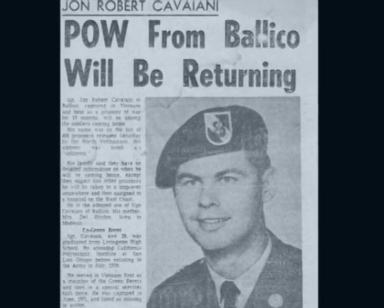Local newspaper accounts of Sergeant Jon Cavaiani’s return from a POW camp. Photo: CMOHS.org