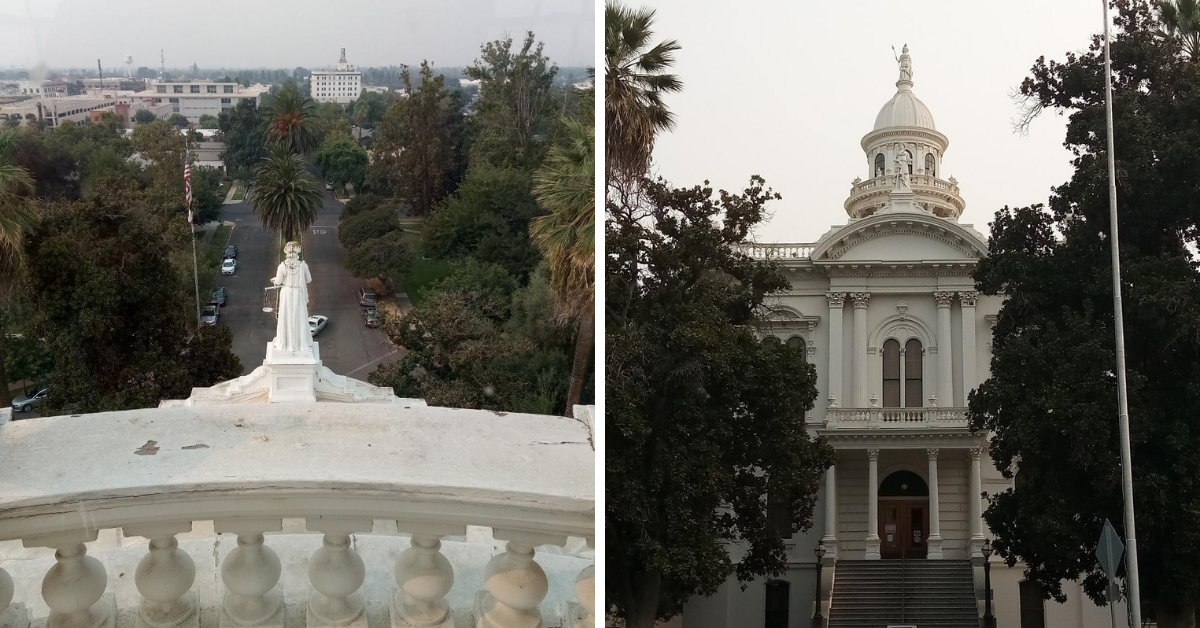 On the left - The view looking down N Street from on top of the Courthouse Museum. Right: The exterior of the iconic Merced building. Photos: Steve Newvine