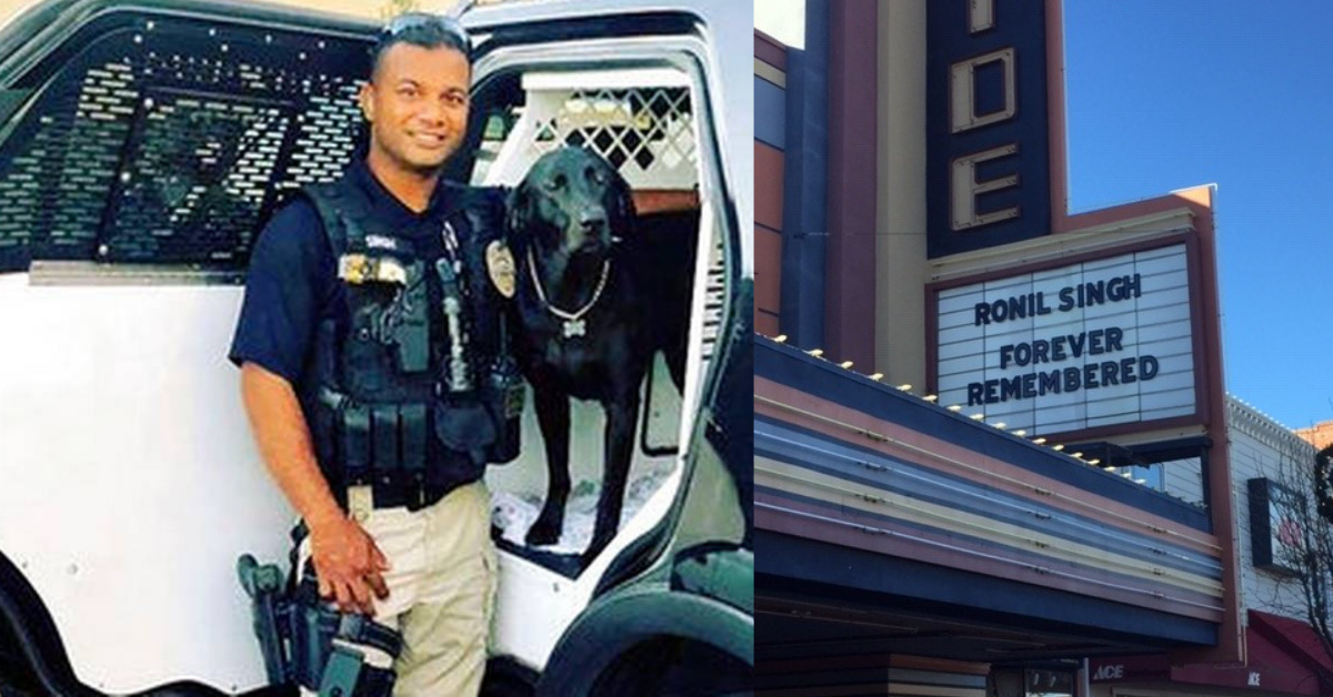 Marquee at Westside Theater in Newman pays tribute to Police Corporal Ronil Singh, killed in the line of duty during a traffic stop on the day after Christmas. Photo: Steve Newvine