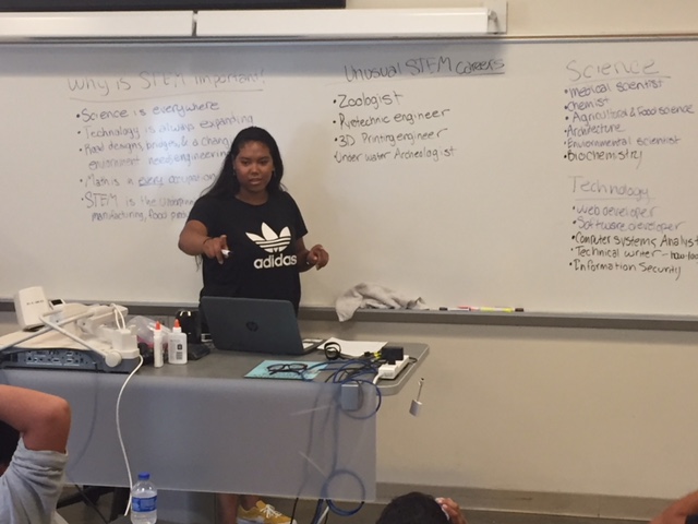 UC Student Florence presents a lesson on careers in science, technology, engineering, and math (STEM) at the Summer Enrichment Program. Photo by Steve Newvine