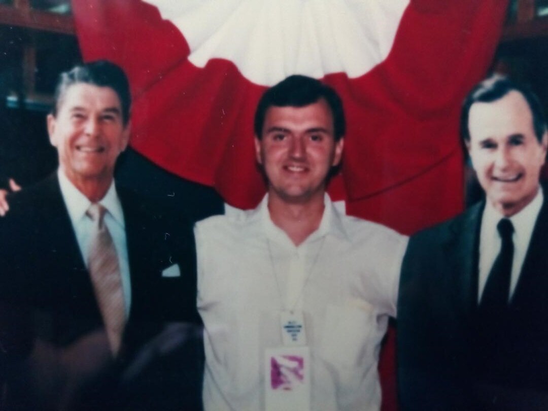 The closest I got to a souvenir from the week I worked the 1988 Republican Convention was this instant photo taken with cardboard cutouts of Ronald Reagan and George Bush. Photo: Newvine Personal Collection