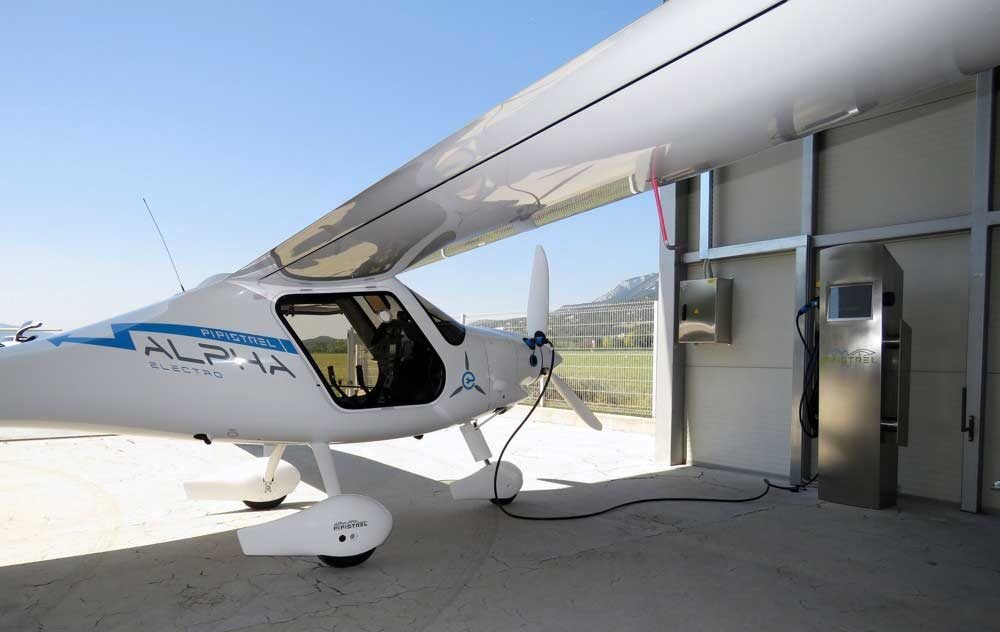 One of the four Pipistrel Alpha Trainers at the Fresno Chandler Airport getting recharged. Photo: New Vision Aviation.