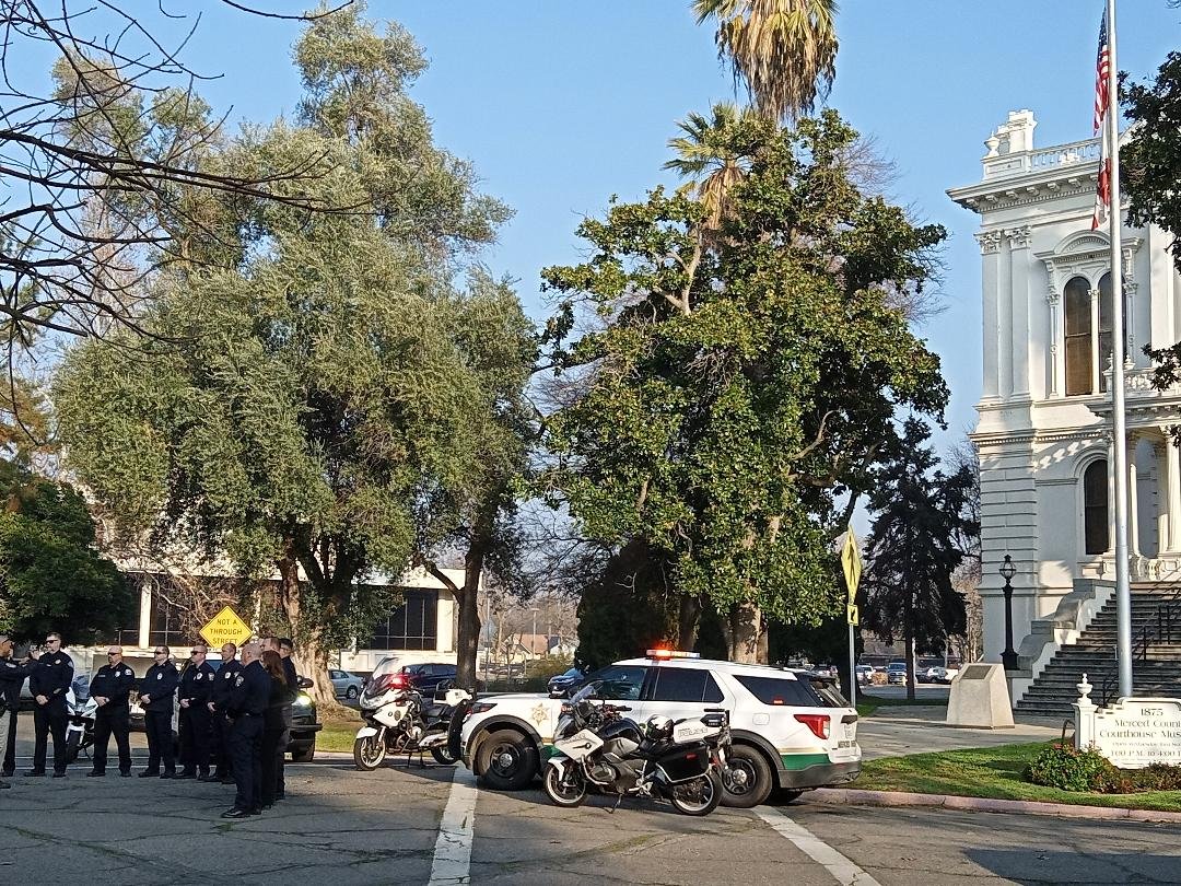 CHP used its staff to coordinate the shooting of the safety belt public service announcement. This scene was shot in front of the Merced Courthouse Museum. Photo: Steve Newvine