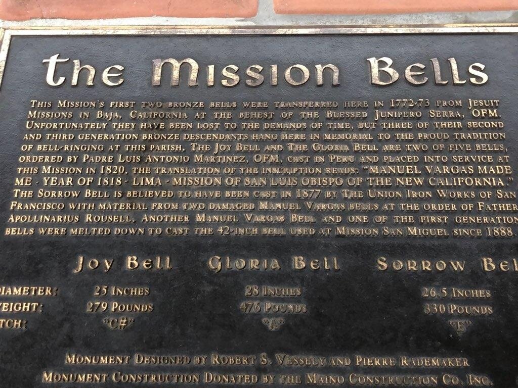 This plaque describes the meaning behind the three bells at the San Luis Obispo Mission. Photo: Steve Newvine