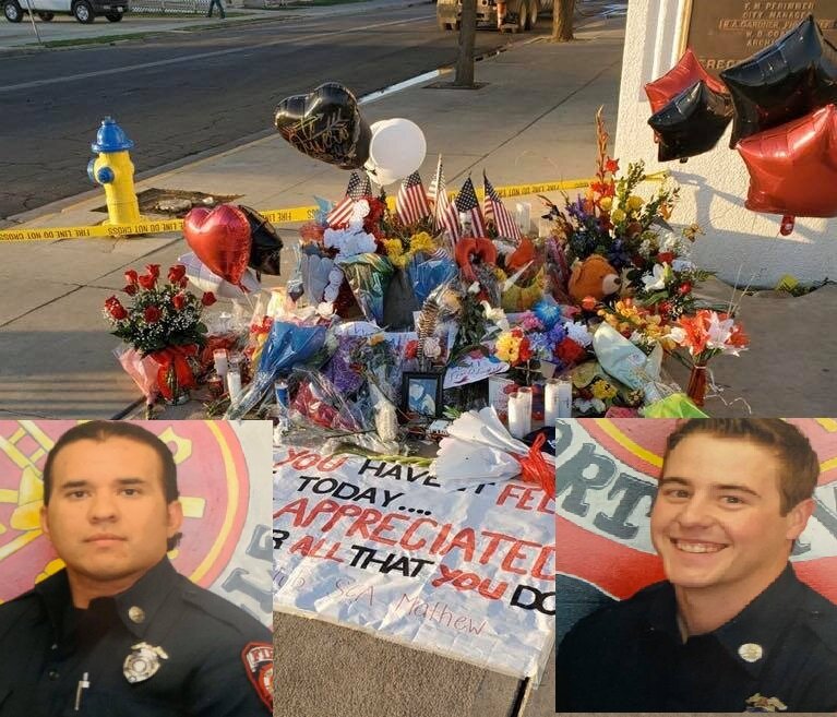 The community of Porterville, and others, paying respect with this display in front of the Fire Department. Captain Ray Figueroa (left) and Firefighter Patrick Jones lost their lives fighting that fire. Photos from the Porterville Fire Department Facebook page. Photo illustration by Steve Newvine.