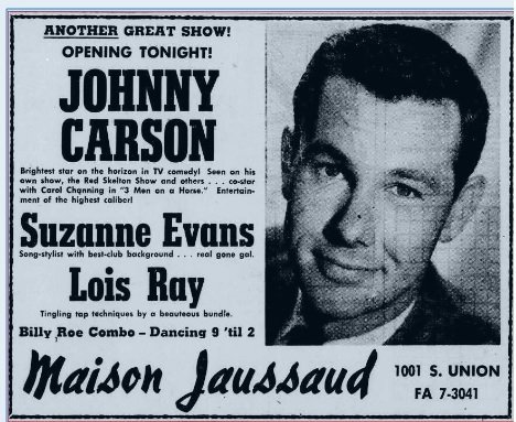 A newspaper advertisement promoting Johnny Carson’s appearance at the Maison Jaussaud French restaurant and nightclub in Bakersfield. Photo: Kern County Museum archive