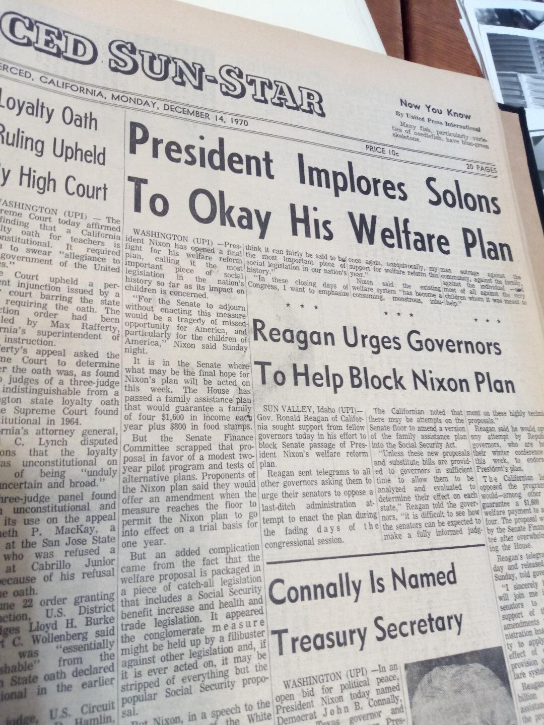 Merced Sun Star front page. Museum Docent Tom Gaffrey refers to old issues of the Merced Sun Star for background information as he matches up photos from the acquisition. This particular issue is from December 1970. Richard Nixon was President, and Ronald Reagan was governor.