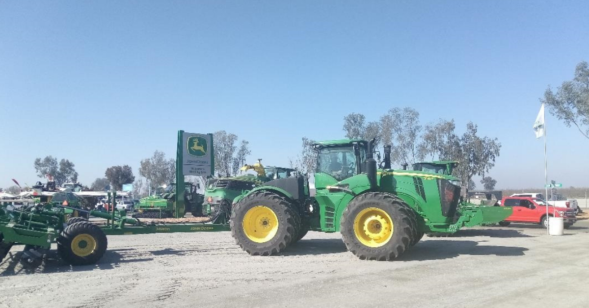 Major farm equipment manufacturers, such as John Deere, have massive displays of their tractors and other implements at the World Ag Expo in Tulare. Photo: Steve Newvine