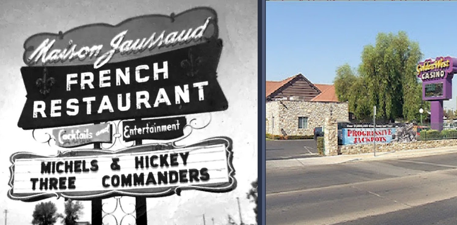 The former Maison Jaussaud French restaurant and nightclub in Bakersfield is now a casino. Highway 99 went through Bakersfield on this street (Union Avenue) until a larger highway was built years later to the west of downtown. Photo of the Maison from the Kern County Museum archive. Casino photo from LiveBako.com. Montage by Steve Newvine.