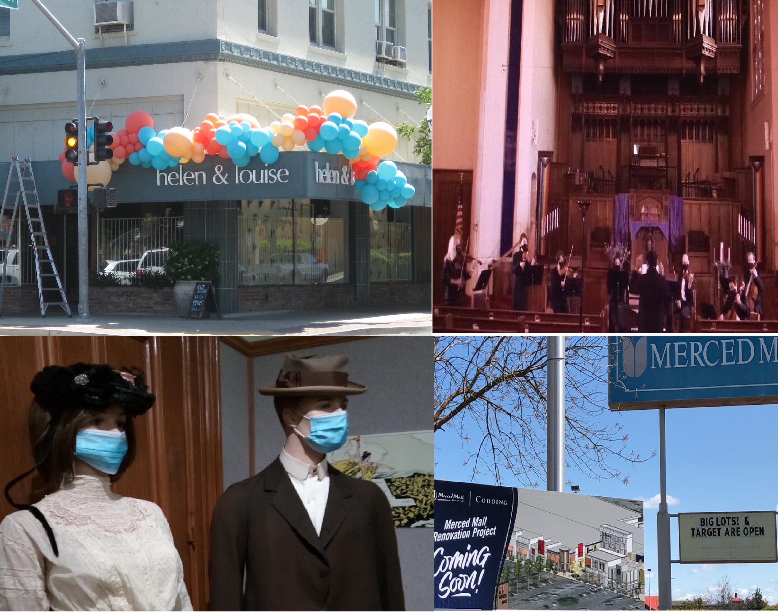 Some of the Our Community Story columns related to COVID over the past year included (clockwise top left) the initial reopening of downtown Merced stores, the Merced Symphony performing on-line concerts, Merced Mall letting shoppers know they were open, and the Courthouse Museum adjusting to the changes imposed to protect visitors. Photo montage: Steve Newvine