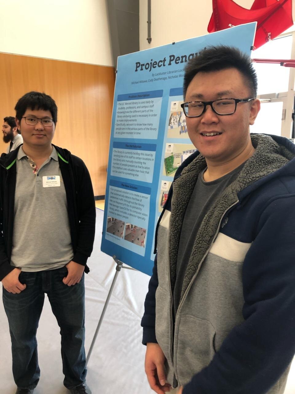 This pair of School of Engineering students developed an app solution that created a sensor to help the staff detect the number of people in specified sections of the UC Merced Library. If implemented, the solution would replace the current process of having staff manually count the number of users. Photo- Steve Newvine