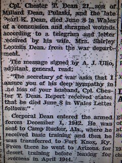 The newspaper article in the Lowville (NY) Journal and Republican reporting the death of Corporal Chester T. Dean and quoting from the message Shirley Dean received from the military.