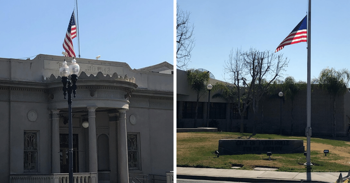 Flags fly at half-staff out of respect for the two firefighters killed battling the February 18th fire. These flags are in front of the Porterville Police Department and the Elks Club. Photo by Steve Newvine