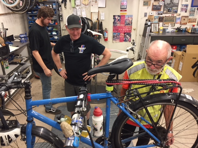 Francois Hennebert estimates he has put over forty-five thousand miles on his bicycle. His current trip from Mexico to Canada will add another twenty-five hundred miles, and probably many more miles as he takes various detours to see the western United States. He’s shown here with Kevin from Kevin’s Bikes. Photo: Steve Newvine