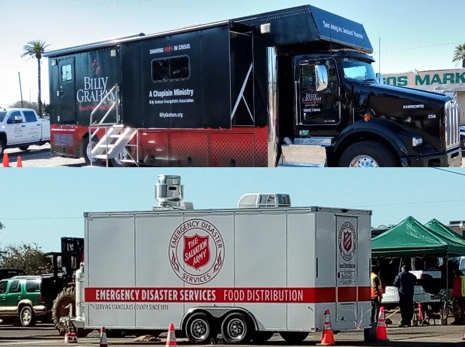 The Billy Graham Evangelistic Association (top) and the Salvation Army (bottom) have a big presence in the community of Planada. Other organizations include Federal Emergency Management Administration (FEMA), Small Business Administration, area churches, and local government among many others. Photos: Steve Newvine